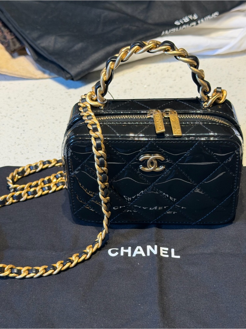 ❌SOLDOUT❌ CHANEL Black Mini quilted Patent Leather Top-Handle Vanity Bag GHW